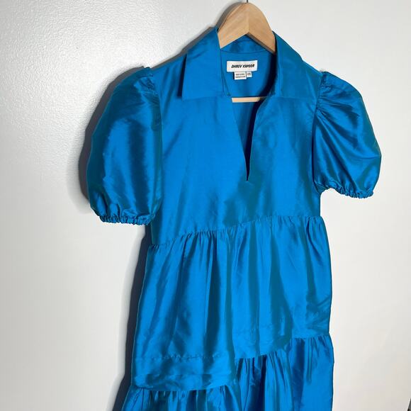 Dhruv Kapoor Puff Sleeve Midi Dress XXS Blue Metallic Tiered Pockets Cocktail - Picture 6 of 14